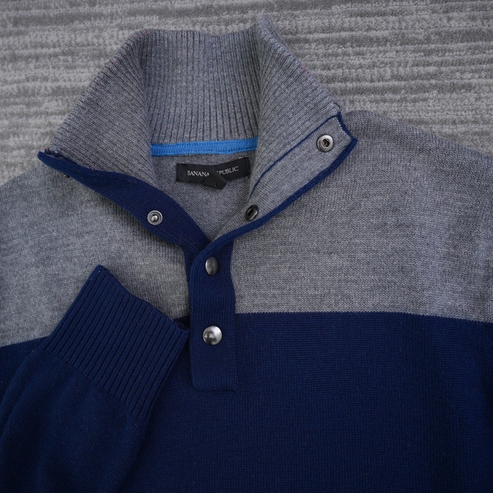 Banana Republic Sweater Mens Quarter Zip Wool Blend Blue Gray Snap Button Tall L